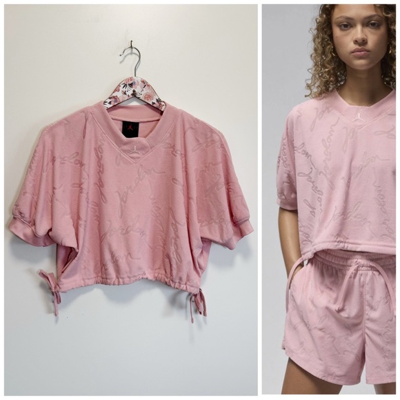 AIR JORDAN Pink Short Sleeve Knit Crop Tee Top Women’s Small Wordmark - Picture 1 of 10
